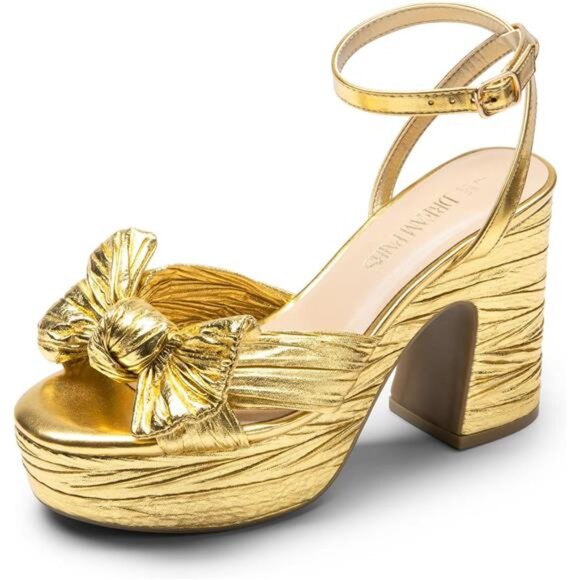Other - Women's Chunky Platform Heels Pleated Bow Knot Ankle Buckle Strap Heeled Sandals